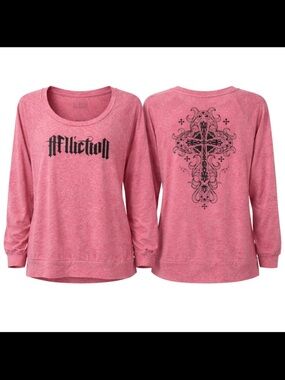 Y2K Affliction Edgy Mall Goth Graphic Long Sleeve Top Women Size M Rock Glam
